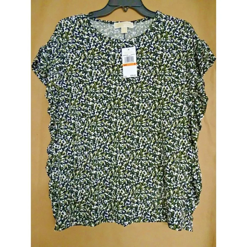 NEW Michael Kors Ruffle Knit Camo Top Sz M Shirt,Blouse Black,White,Olive Green‎